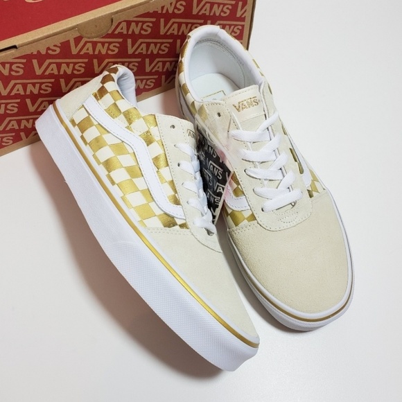 white and gold checkered vans